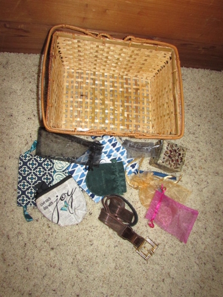 LARGE COLLECTION OF FASHION SCARVES, BASKET OF POUCHES & A BELT