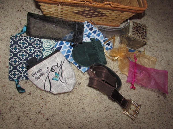 LARGE COLLECTION OF FASHION SCARVES, BASKET OF POUCHES & A BELT