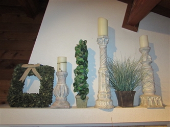 CANDLE STICKS W/ FLAMELESS CANDLES & DECOR