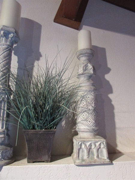 CANDLE STICKS W/ FLAMELESS CANDLES & DECOR