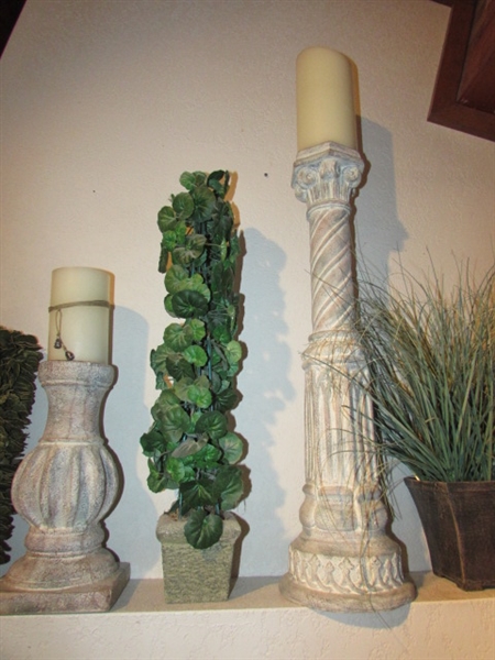 CANDLE STICKS W/ FLAMELESS CANDLES & DECOR