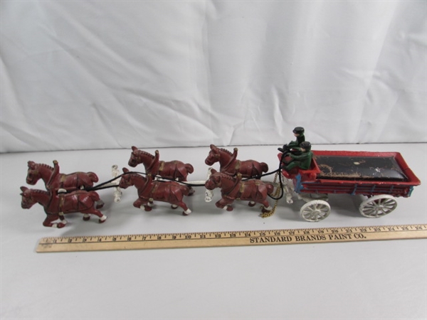 CAST IRON REPLICA CLYDESDALES PULLING A BEER WAGON