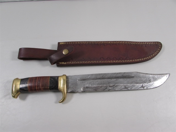 NEW DAMASCUS BLADE BOWIE KNIFE WITH TOOLED LEATHER SHEATH