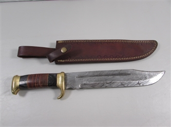 NEW DAMASCUS BLADE BOWIE KNIFE WITH TOOLED LEATHER SHEATH