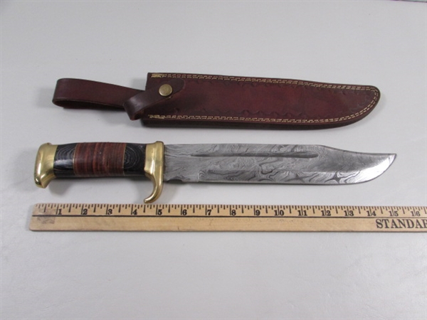 NEW DAMASCUS BLADE BOWIE KNIFE WITH TOOLED LEATHER SHEATH