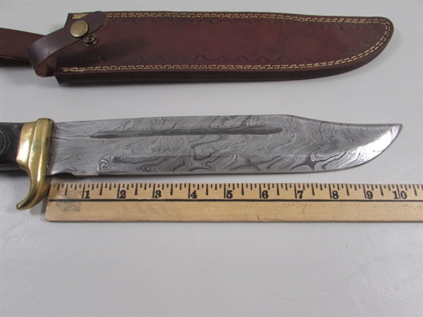 NEW DAMASCUS BLADE BOWIE KNIFE WITH TOOLED LEATHER SHEATH