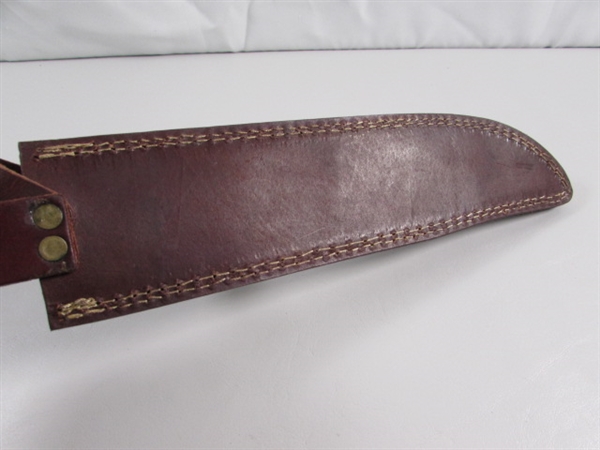 NEW DAMASCUS BLADE BOWIE KNIFE WITH TOOLED LEATHER SHEATH