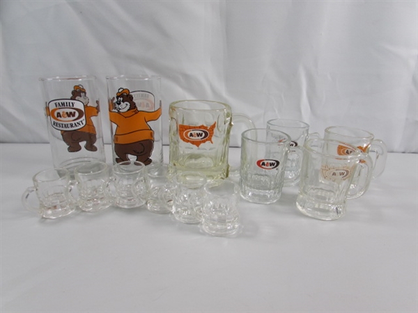 A&W ROOT BEER MUGS & GLASSES & TINY SHOT GLASS MUGS