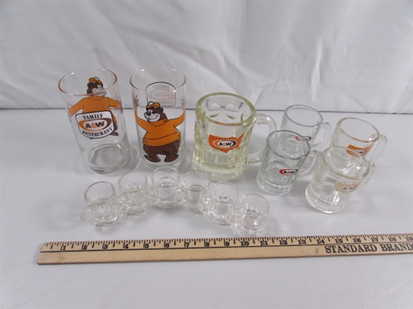 A&W ROOT BEER MUGS & GLASSES & TINY SHOT GLASS MUGS