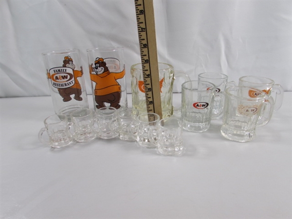 A&W ROOT BEER MUGS & GLASSES & TINY SHOT GLASS MUGS