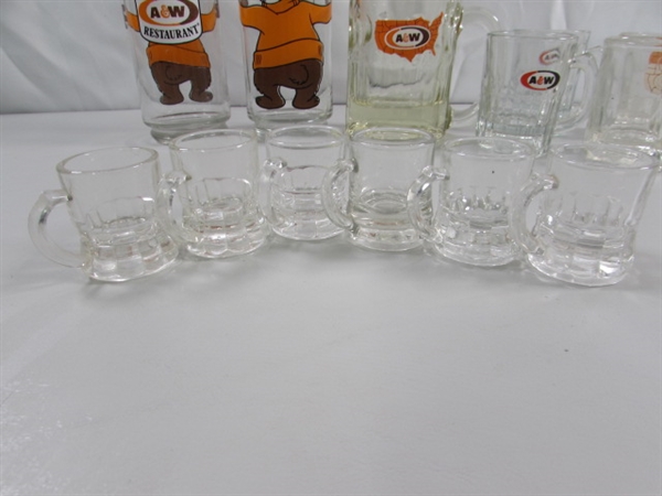 A&W ROOT BEER MUGS & GLASSES & TINY SHOT GLASS MUGS