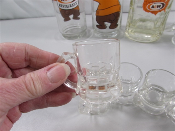 A&W ROOT BEER MUGS & GLASSES & TINY SHOT GLASS MUGS