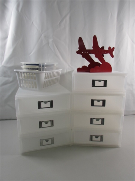 STORAGE DRAWERS, SMALL BINS & AIRPLANE BOOKENDS