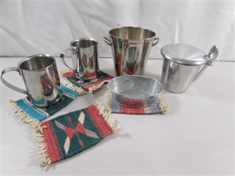 HANDWOVEN MUG RUGS, STAINLESS MUGS & ICE BUCKET & ALUMINUM LIDDED BUCKET W/LID & SCOOP