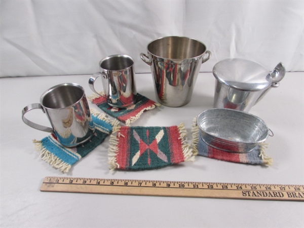 HANDWOVEN MUG RUGS, STAINLESS MUGS & ICE BUCKET & ALUMINUM LIDDED BUCKET W/LID & SCOOP