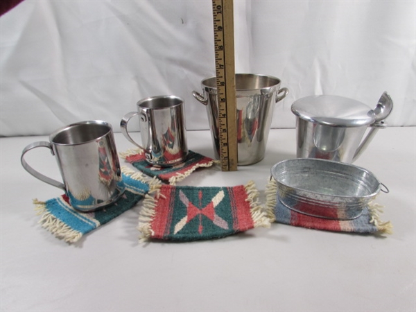 HANDWOVEN MUG RUGS, STAINLESS MUGS & ICE BUCKET & ALUMINUM LIDDED BUCKET W/LID & SCOOP