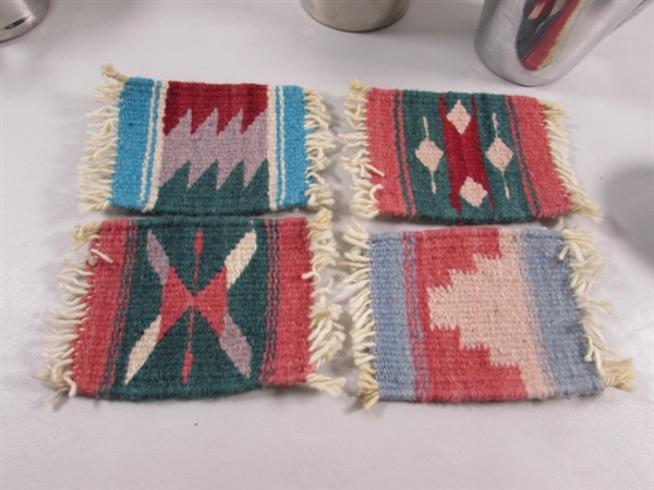 HANDWOVEN MUG RUGS, STAINLESS MUGS & ICE BUCKET & ALUMINUM LIDDED BUCKET W/LID & SCOOP