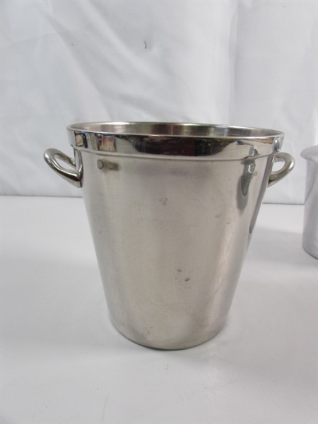 HANDWOVEN MUG RUGS, STAINLESS MUGS & ICE BUCKET & ALUMINUM LIDDED BUCKET W/LID & SCOOP