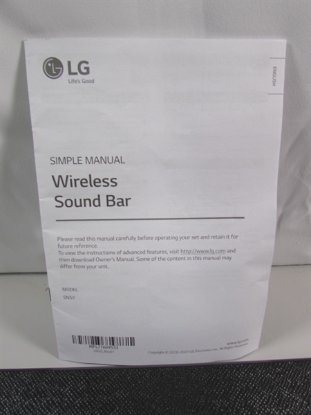 LG WIRELESS SOUNDBAR & SUBWOOFER W/REMOTE - POWERS ON