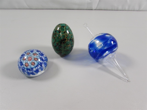 MILLEFIORI GLASS ORB, HAND PAINTED EGG & HAND BLOWN ORNAMENT