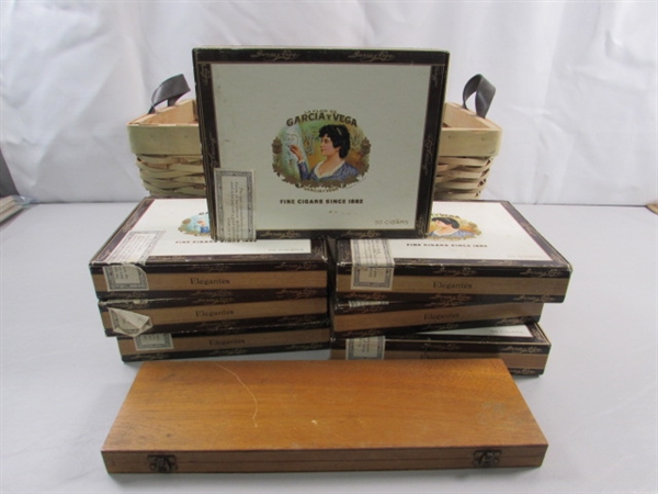 BASKET & COLLECTION OF VINTAGE CIGAR BOXES