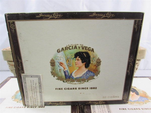 BASKET & COLLECTION OF VINTAGE CIGAR BOXES