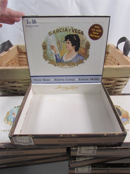 BASKET & COLLECTION OF VINTAGE CIGAR BOXES