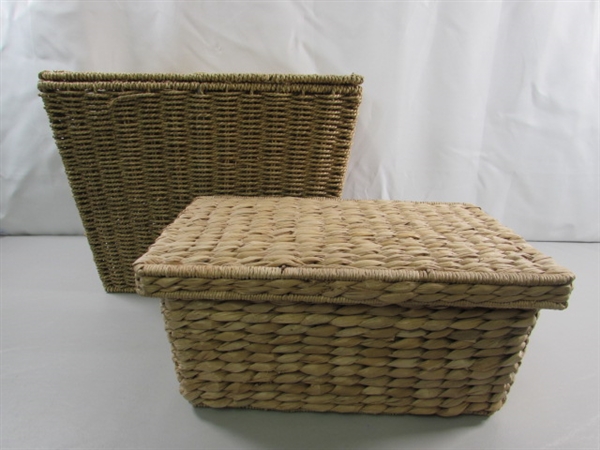 PAIR OF WIRE FRAMED WOVEN STORAGE BINS/BASKETS