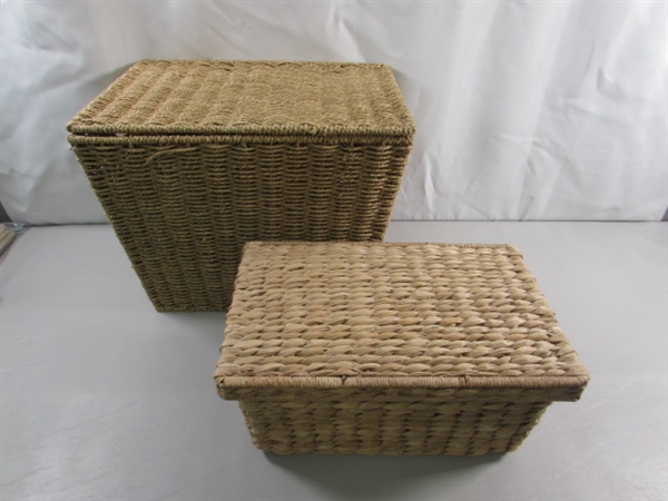 PAIR OF WIRE FRAMED WOVEN STORAGE BINS/BASKETS