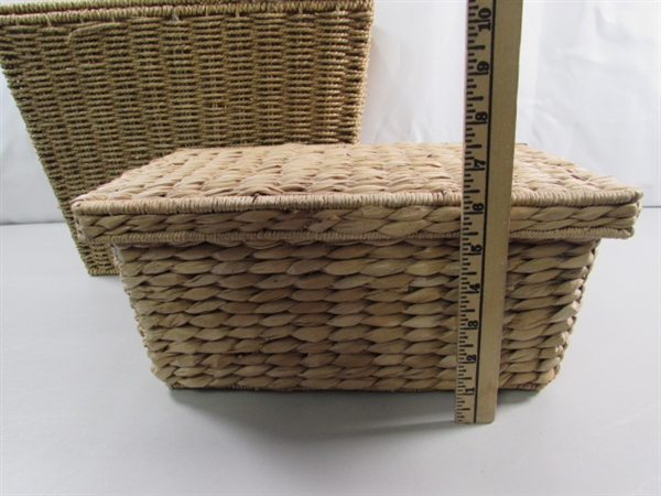 PAIR OF WIRE FRAMED WOVEN STORAGE BINS/BASKETS