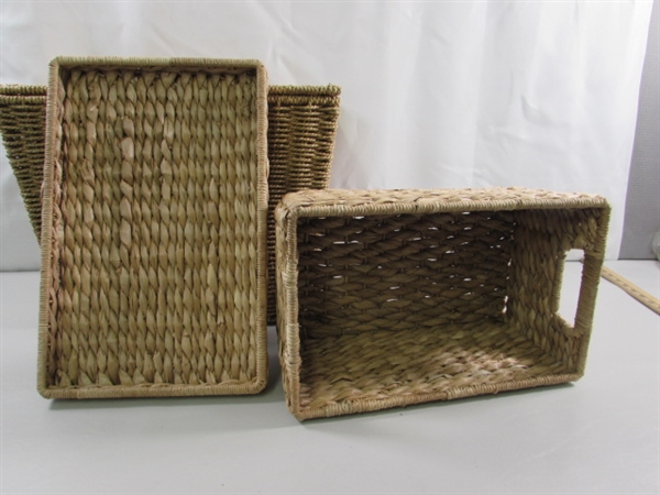 PAIR OF WIRE FRAMED WOVEN STORAGE BINS/BASKETS