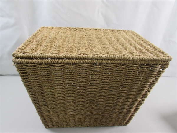 PAIR OF WIRE FRAMED WOVEN STORAGE BINS/BASKETS