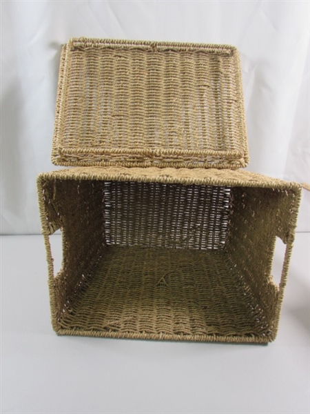 PAIR OF WIRE FRAMED WOVEN STORAGE BINS/BASKETS