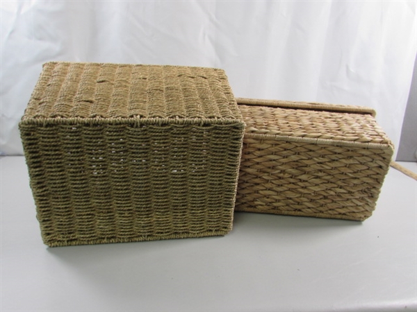 PAIR OF WIRE FRAMED WOVEN STORAGE BINS/BASKETS