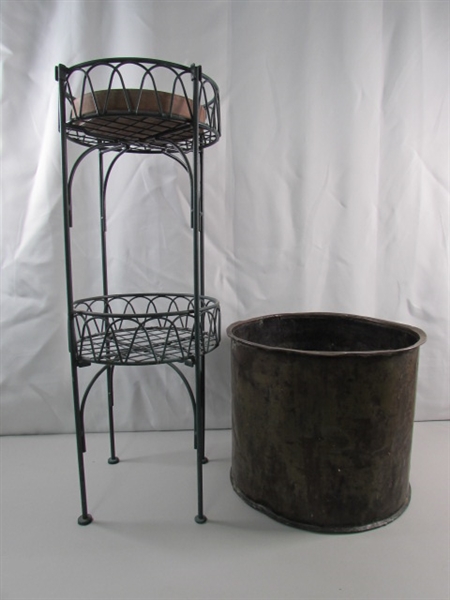 2-TIER METAL PLANT STAND & LARGE HAND FORGED COPPER POT