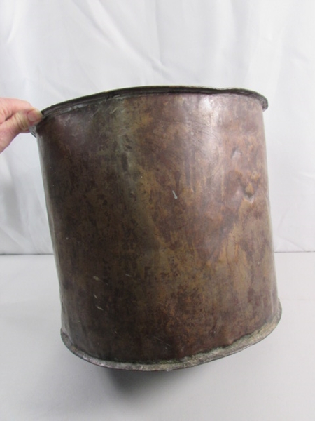 2-TIER METAL PLANT STAND & LARGE HAND FORGED COPPER POT