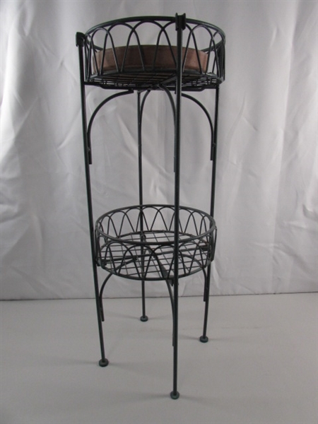 2-TIER METAL PLANT STAND & LARGE HAND FORGED COPPER POT