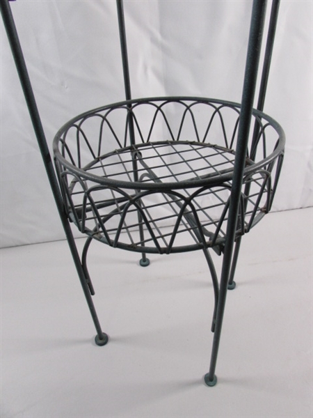 2-TIER METAL PLANT STAND & LARGE HAND FORGED COPPER POT