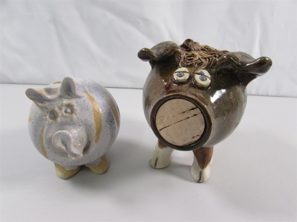 2 HANDCRAFTED STONEWARE PIGGY BANKS