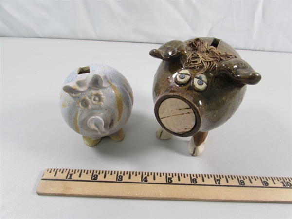 2 HANDCRAFTED STONEWARE PIGGY BANKS