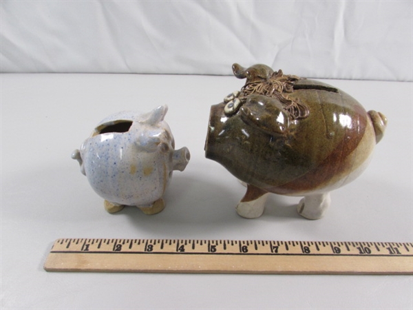 2 HANDCRAFTED STONEWARE PIGGY BANKS