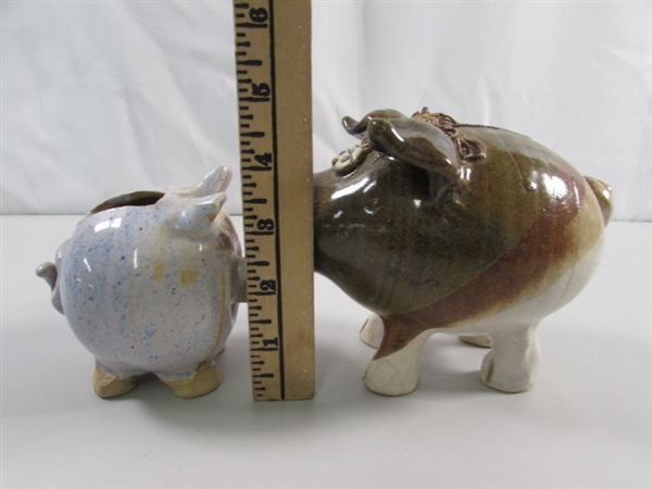 2 HANDCRAFTED STONEWARE PIGGY BANKS