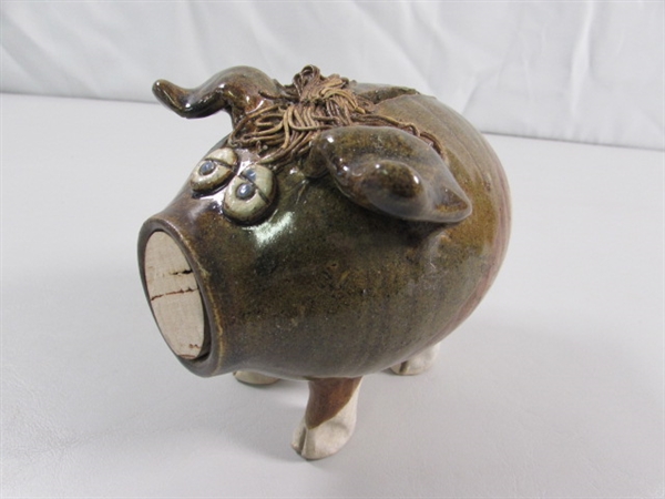 2 HANDCRAFTED STONEWARE PIGGY BANKS