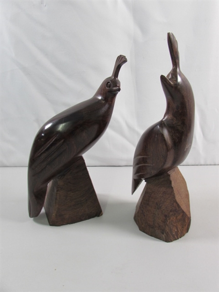 PAIR OF CARVED IRONWOOD QUAIL STATUES