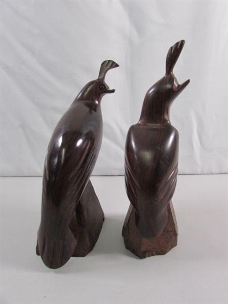 PAIR OF CARVED IRONWOOD QUAIL STATUES