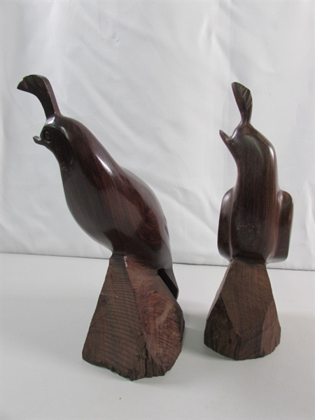 PAIR OF CARVED IRONWOOD QUAIL STATUES