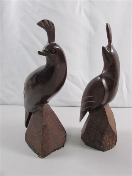 PAIR OF CARVED IRONWOOD QUAIL STATUES