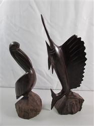 SWORDFISH & PELICAN CARVED IRONWOOD STATUES