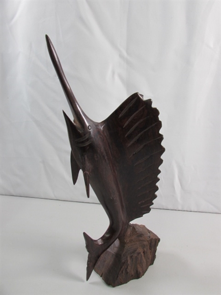 SWORDFISH & PELICAN CARVED IRONWOOD STATUES