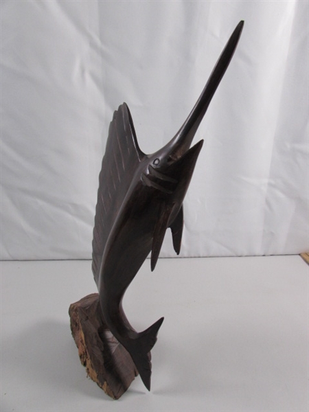 SWORDFISH & PELICAN CARVED IRONWOOD STATUES